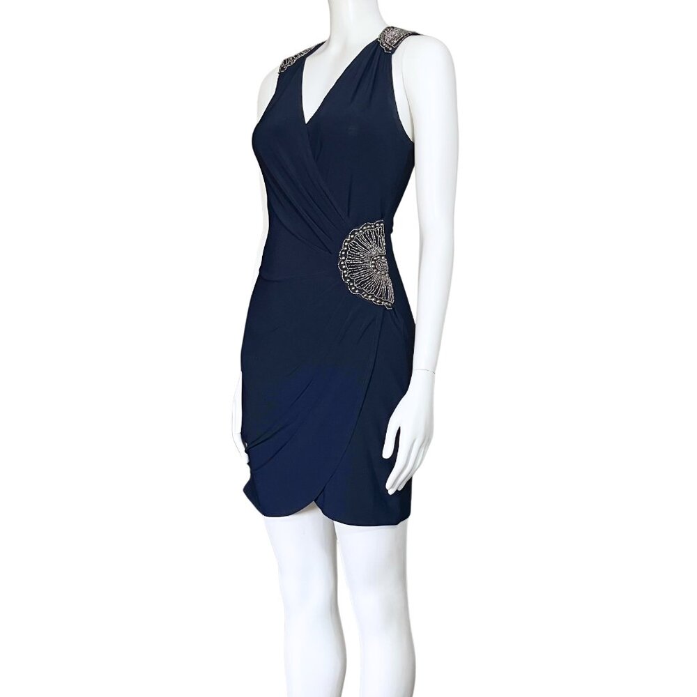 Vintage Y2K Navy Blue Beaded Cocktail Hoco Dress. S/M. Silver Boho Glam Party - Picture 3 of 14